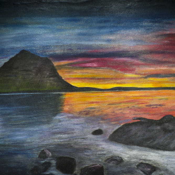 Hér er framhlið listaverksins sem Þóranna vann og bakhliðin sést á fyrri mynd en þar er greinilegt að málverkið er á efni sem var
vafið utan um Kinnarps húsgögn sem komu í skólann í haust. (Ljósmynd: Lára Stefánsdóttir)